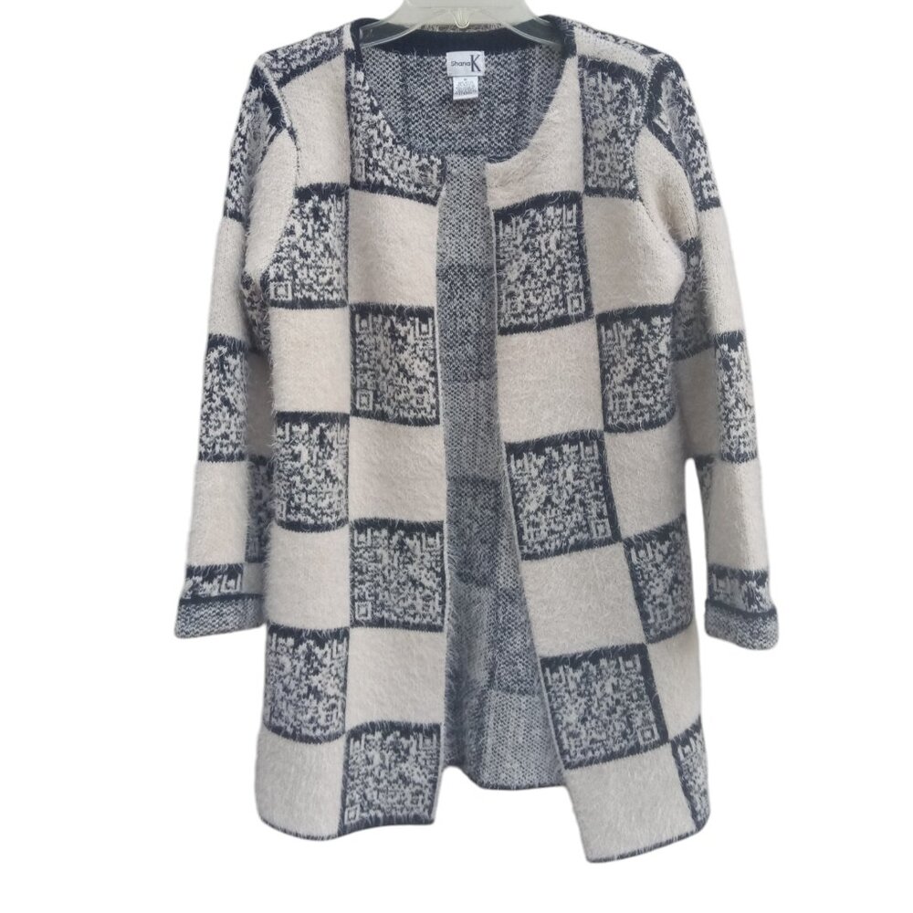 Shana K QR Code shimmery & fuzzy open front sweater cardigan sz M